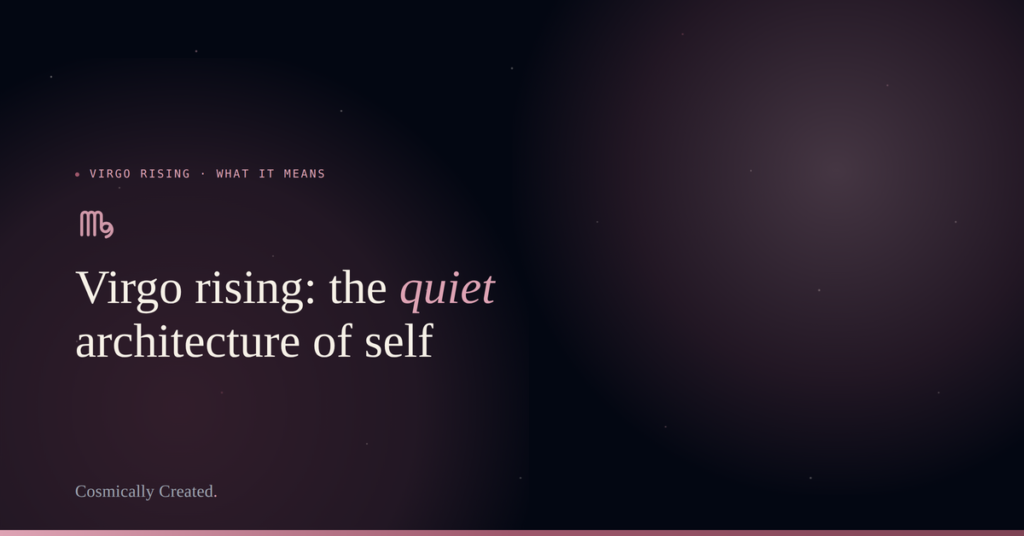 Virgo rising meaning, blog header for Cosmically Created with the Virgo glyph in pink and plum