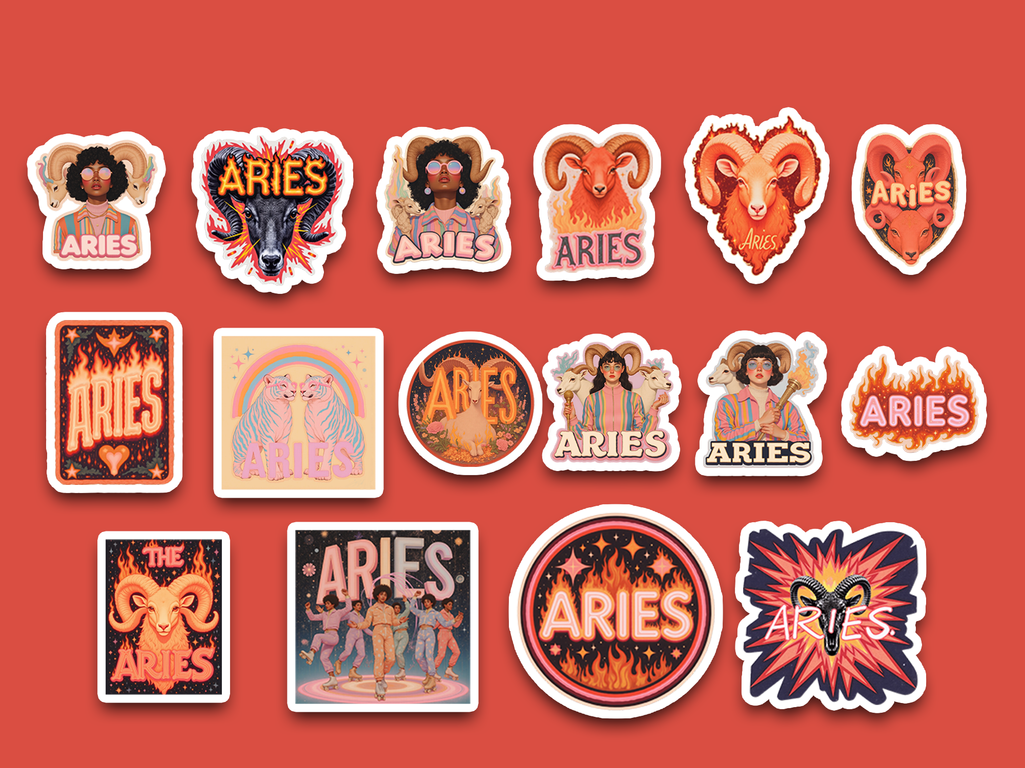Bold Aries Sticker Bundle — 18 retro disco holographic ram zodiac stickers