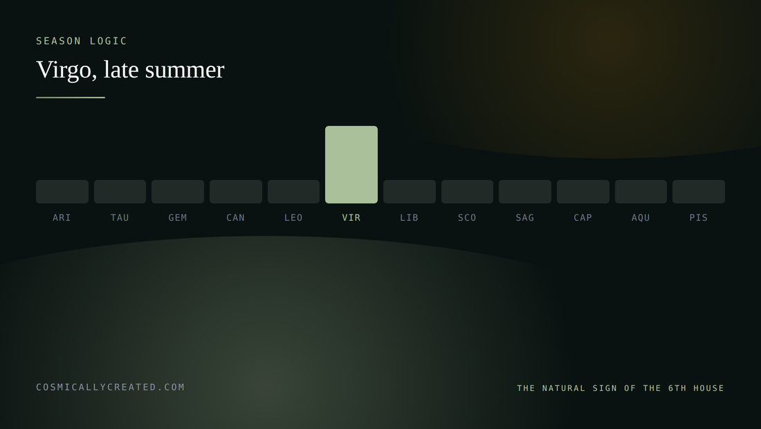 Late summer season logic behind the 6th house, the harvest assessment of what is worth keeping