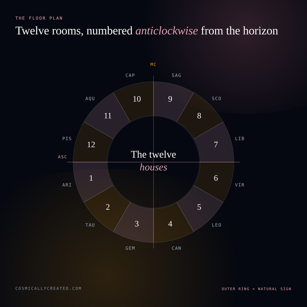 The 12 houses in astrology drawn as a numbered wheel with each house territory labelled