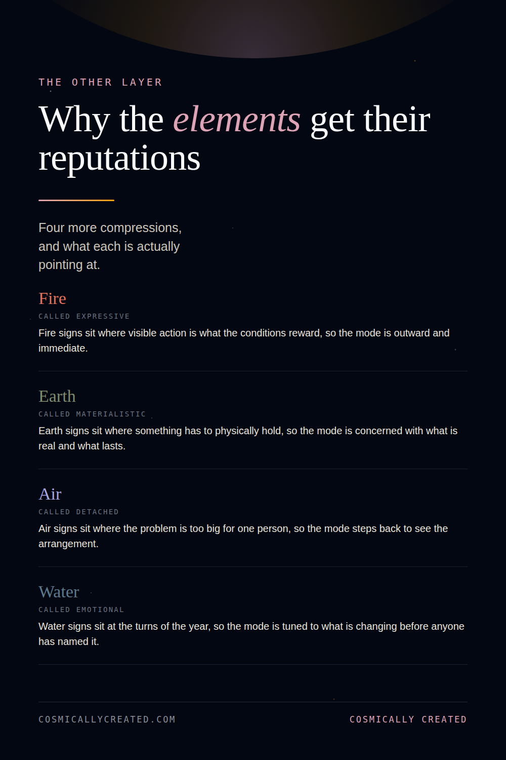 Why the four elements get the zodiac traits they do, fire earth air and water compared