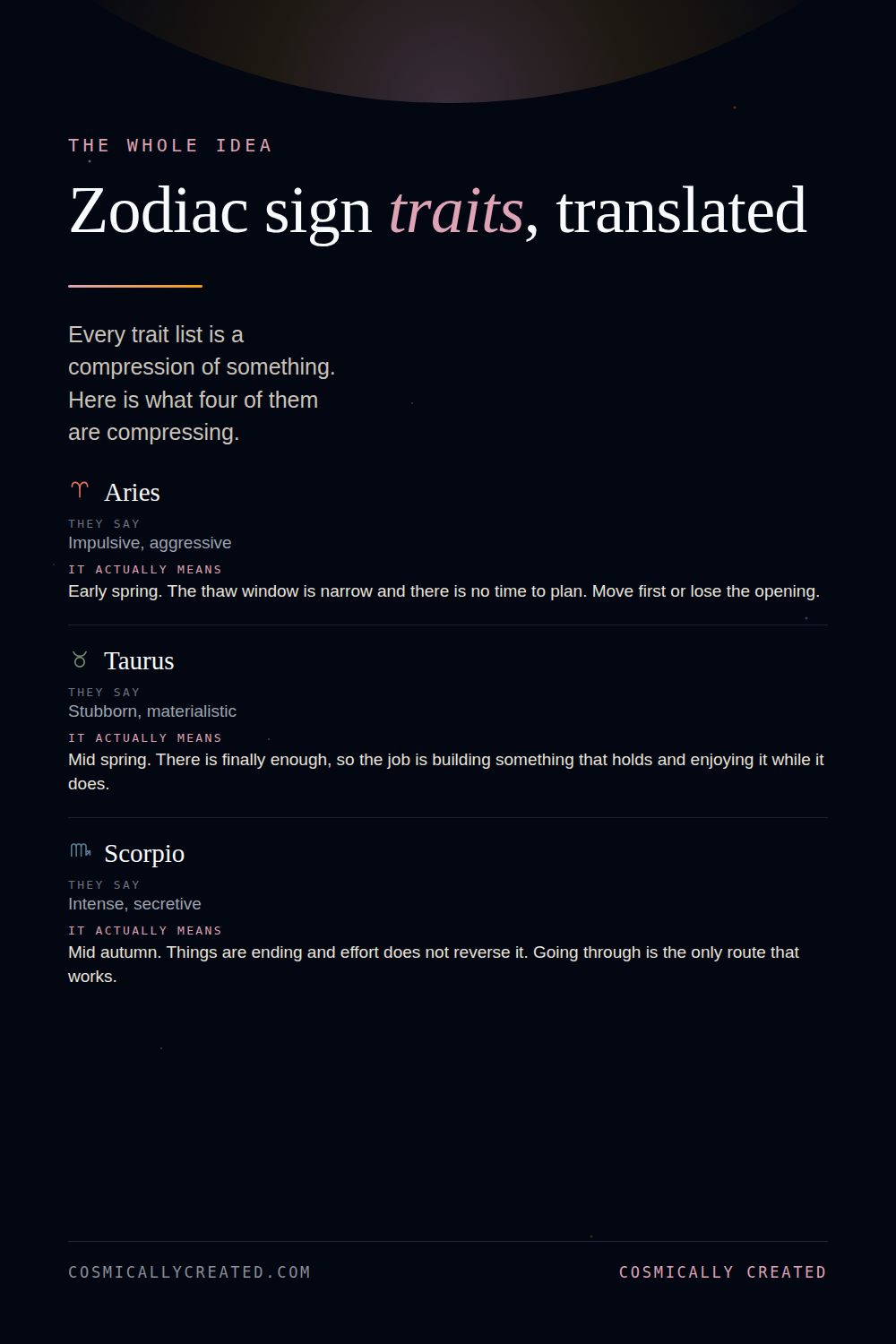Zodiac traits translated, four traditional zodiac sign traits and what each one actually means